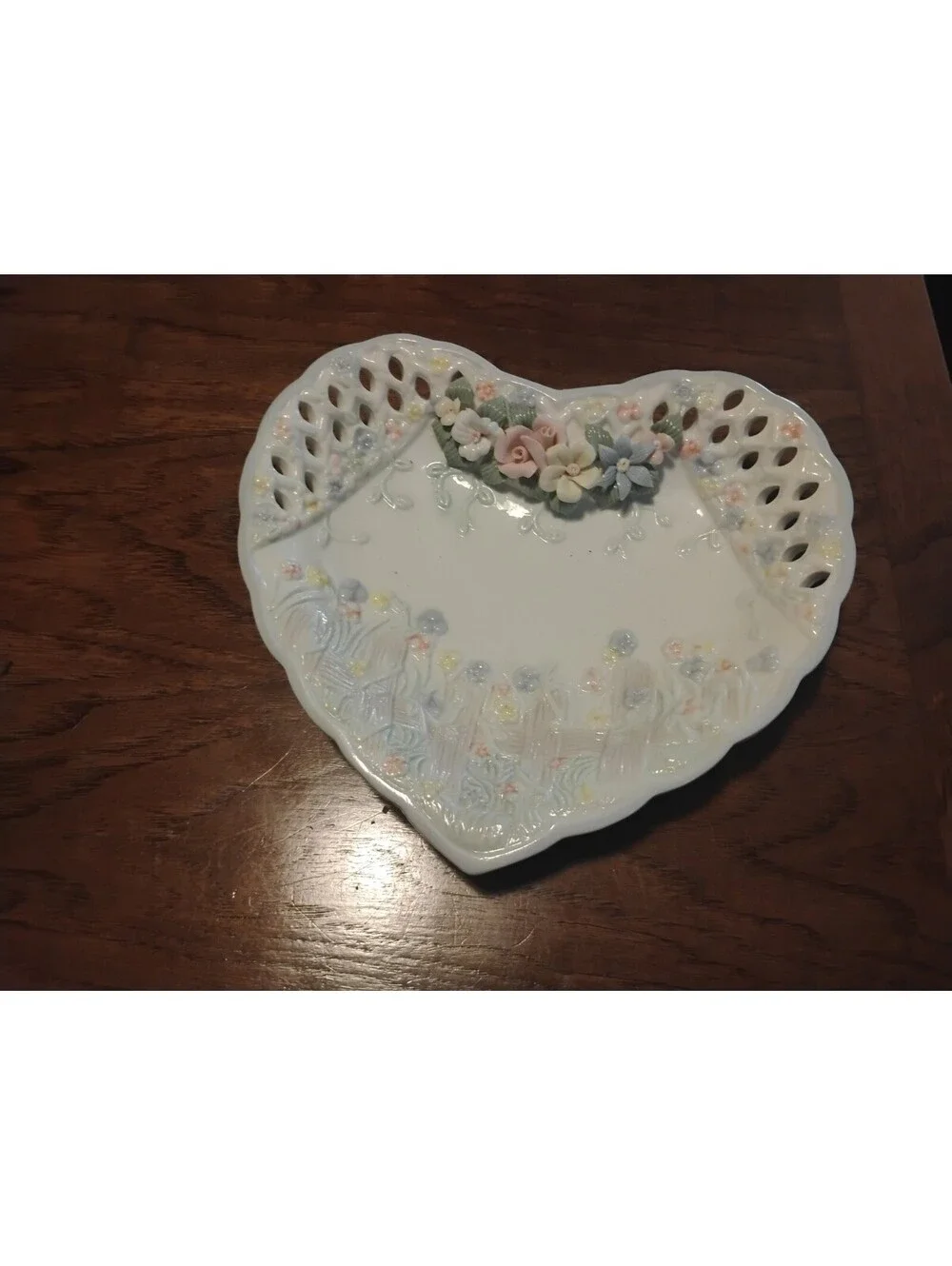 Heart-Shaped Porcelain Decorative Dish with Floral Accents